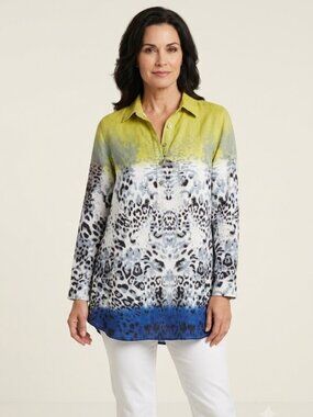 For Cynthia Linen Blend Tunic Top 1X NWT Animal Print Ombre Roll Tab Pocket $78